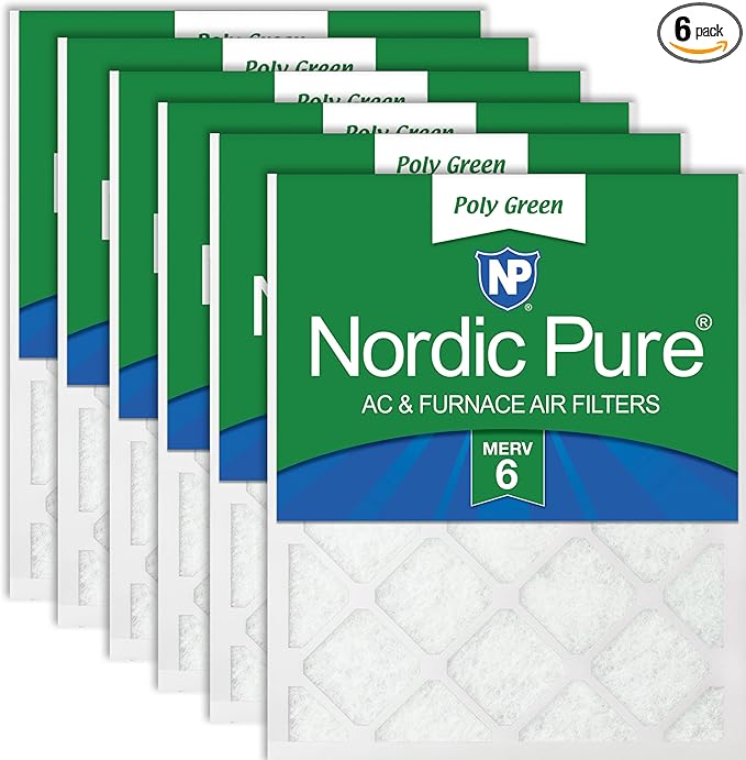 Nordic Pure 20x20x1 (Actual Size: 19 1/2 x 19 1/2 x 3/4) Poly Green MERV 6 AC Furnace Air Filters – Reduces Dust, Pollen, Pet Dander & Allergens – 6-Pack