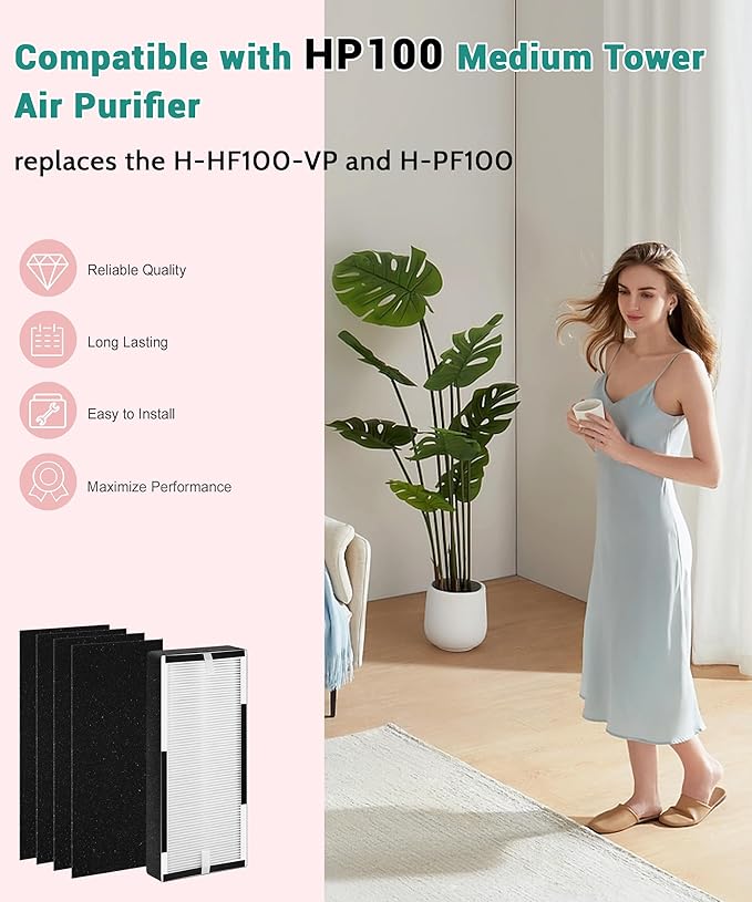 HP100 Filter Replacement Compatible with Hunter HP100 HT100 Air Purifier, H-HF100-VP H-PF100 30617 30601, 1 Efficient Filter + 4 Carbon Pre-Filters, Part# H-HF100