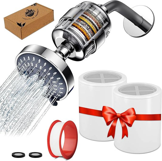 Filtered Shower Head – High Pressure 23 Stage Shower Filter for Hard Water – Removes Chlorine, Heavy Metals & Harmful Substances, Water Softener, Bonus Cartridge Included