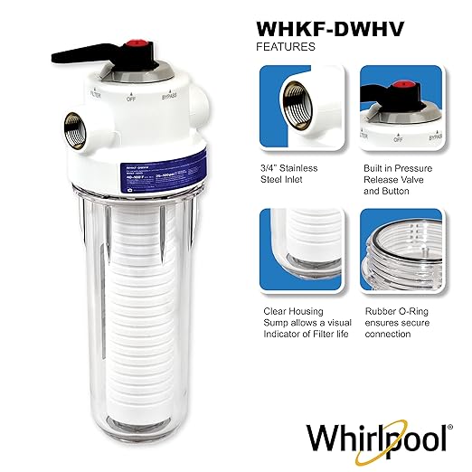 Whirlpool 10 x 2.5 Inch Whole House Water Filtration System WHKF-DWHV, 3/4" Ports, Clear Housing, NSF Certified Water Filter WHKF-GD05 Included