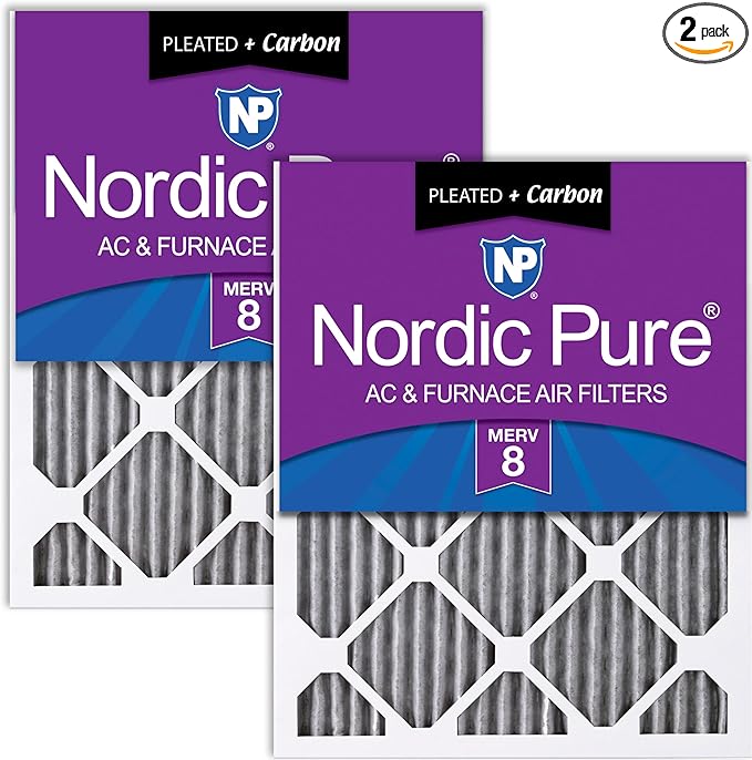 Nordic Pure 18x20x1 (17 1/2 x 19 1/2 x 3/4) Furnace Air Filters MERV 8 Pleated Plus Carbon 2 Pack