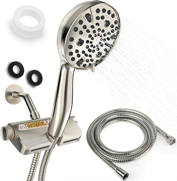 AQUAZEN® Filtered Shower Head with 8-Layer Handheld Filter | High Pressure | 10 Spray Modes | US Standard | Premium Brushed Nickel Finish | 5ft Hose | Easy Install