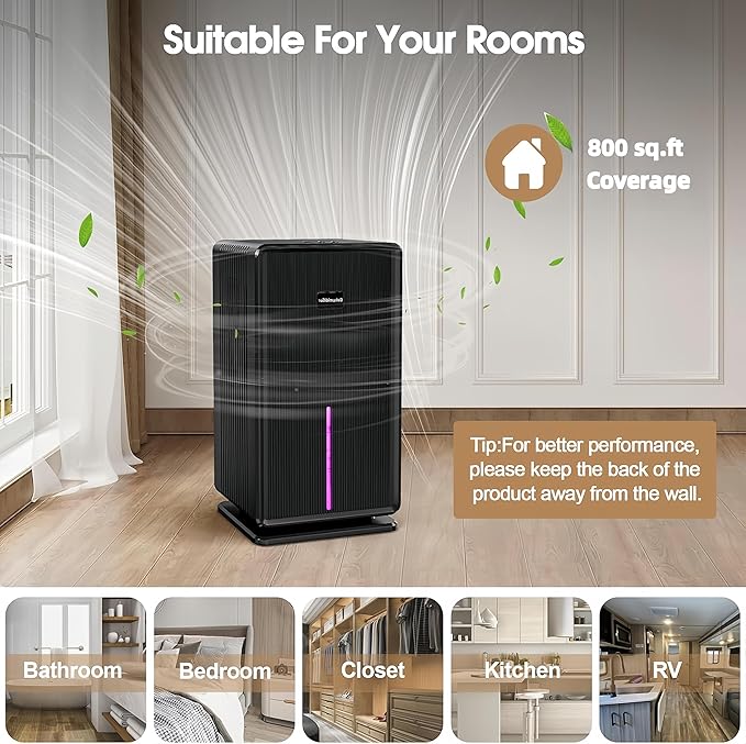 Dehumidifiers for Home, Upgraded 101OZ Dehumidifier (800 sq.ft), Quiet Dehumidifier for Basement, Bedroom, Bathroom, RV, Closet with Auto-off, Sleep Mode, 7 Colorful LED Light, Small Portable, Black