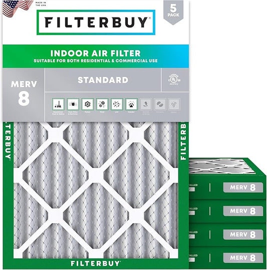 Filterbuy 18x20x2 Air Filter MERV 8 (MPR 700) Dust Defense Replacement (5-Pack), Electrostatic Pleated HVAC AC Furnace Filters, Made in USA (Actual Size: 17.50 x 19.50 x 1.75)