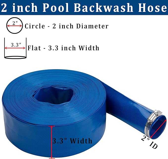2 in x 25 ft Pool Backwash Hose Heavy Duty Drain Discharge Double PVC Lay flat General Purpose Vinyl Hose, Burst Resistant for Water Transfer Sump Pump Pool Filter (2in 25ft fiber reinforced hose)