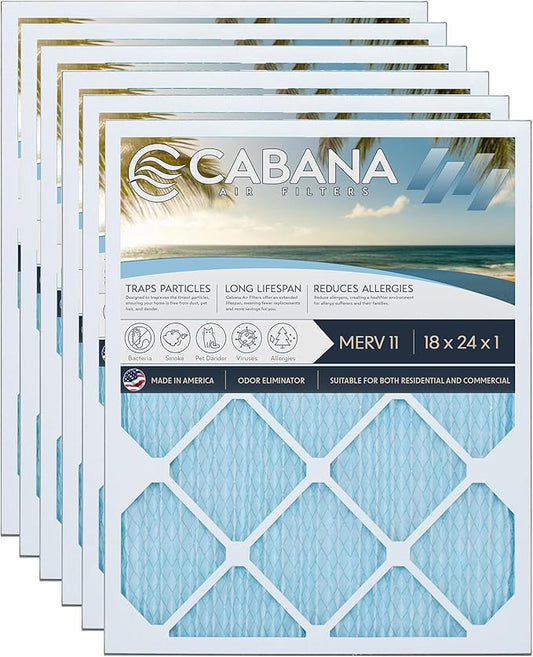 Cabana Filters 18x24x1 AC Furnace Air Filter, Merv 11 Capture Unwanted Particles, Pleated Furnace Filter HVAC AC Filters - Made in the USA - 6 Pack