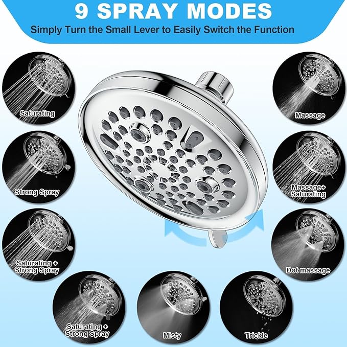 Filtered Shower Head with 9 Spray Settings for Hard Water, High Pressure Fixed Shower Head with 20 Stage Shower Filter, Include 2 Replaceable Shower Filter, Chrome