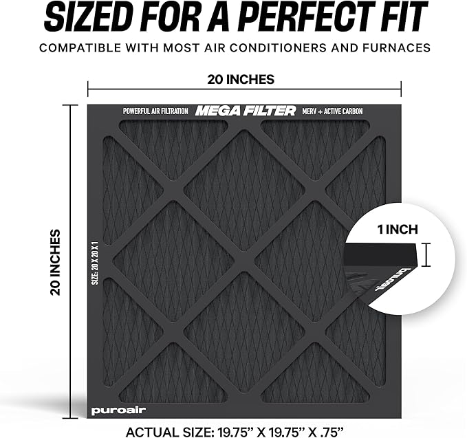 PuroAir Mega Filter - MERV 13 20x20x1 Air Filters For Home With Activated Carbon - Filters Allergens, Pet Dander, Smoke, Dust - Furnace and AC Filters - Air Filters 20x20x1 MERV 13 (4 Pack)