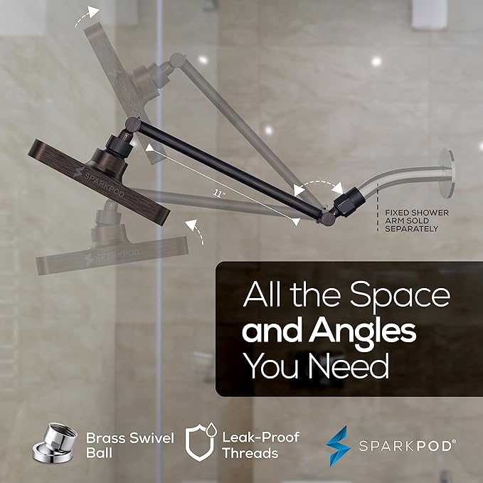 SparkPod Square Rain Shower Head with Extension Arm - Height Adjustable Shower Head with High Pressure Performance - Easy 1-Minute Installation (11" Arm Extension, Vintage Oil-Rubbed Bronze)