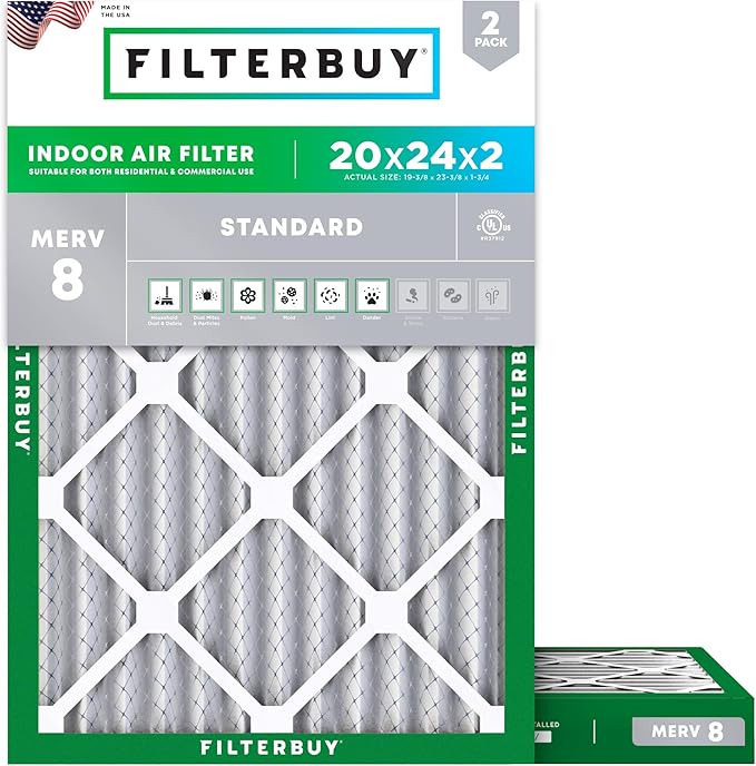 Filterbuy 20x24x2 Air Filter MERV 8 (MPR 700) Dust Defense Replacement (2-Pack), Electrostatic Pleated HVAC AC Furnace Filters, Made in USA (Actual Size: 19.38 x 23.38 x 1.75)