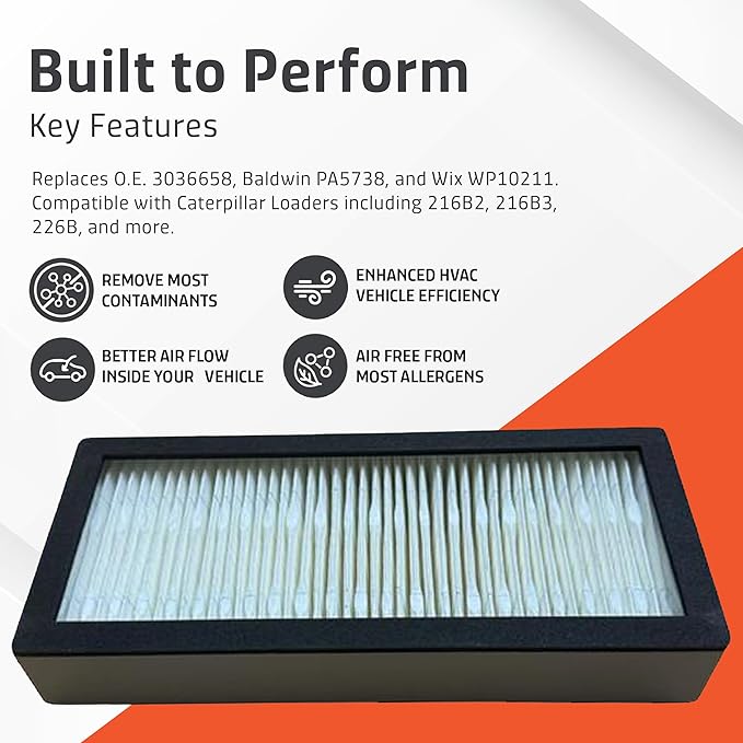 Cabin Filter - Pack of 1 - Compatible with Caterpillar Loaders - Cabin Air Filter Replacement - Replaces O.E. 3036658; Baldwin PA5738; Wix WP10211 - Climate Control System Accessories - 1 Set
