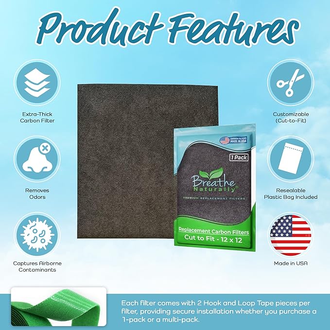 Breathe Naturally Universal Cut To Fit Carbon Activated Air Filter - Replacement Charcoal Filters - Pre Filter Carbon Sheet for Air Purifier, Vent Filters & More - Made in USA (Pack of 1, 12x12)