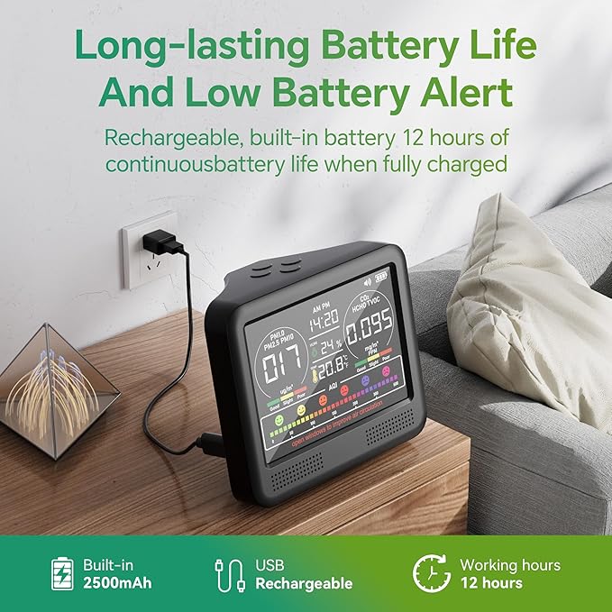 16-in-1 Air Quality Monitor Indoor with 7AQI Beep Alarm, CO2 Monitor, Air Quality Detector with PM1.0 | PM2.5 | PM10 | Temp | HUM | Formaldehyde | VOC Tester for Home Office Plant (Black)