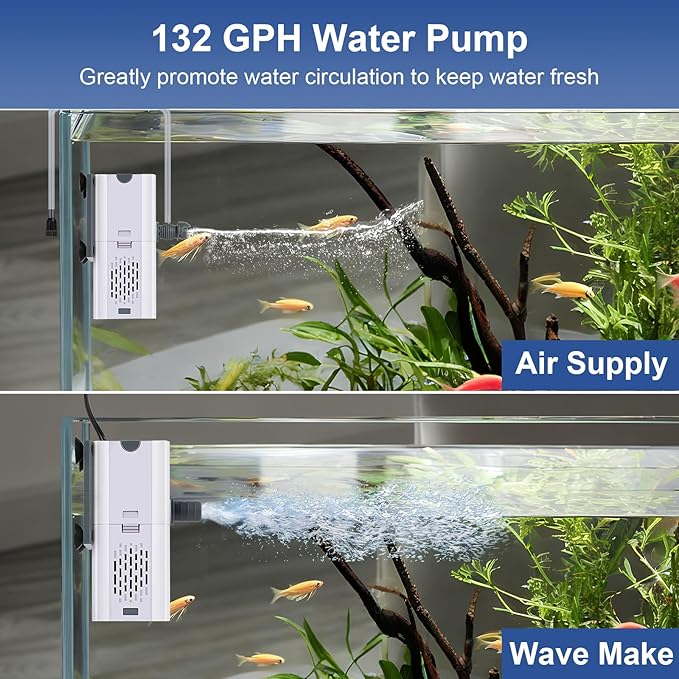 132 GPH 4-in-1 Aquarium Filter, 10-40 Gallon Fish Tank Filters Filtration and Oxygenation, Filter for Fish Tank with Biochemical Cotton, Ceramic Beads, Multi-Functional Turtle Tank Filter(7 W)