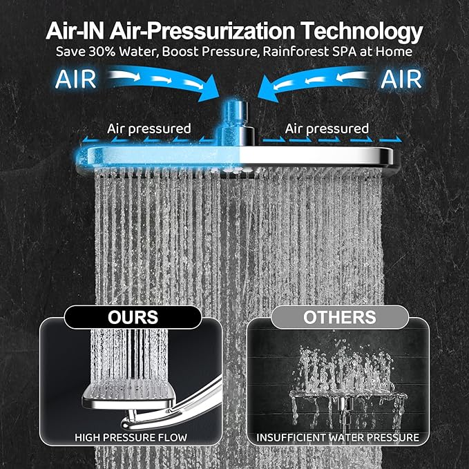 Rain Shower Head with Handheld High Pressure rainfall Shower Heads with Handheld Spray Combo Adjustable one-piece stand daul shower head Built-in Magnetic Docking and Power Jets