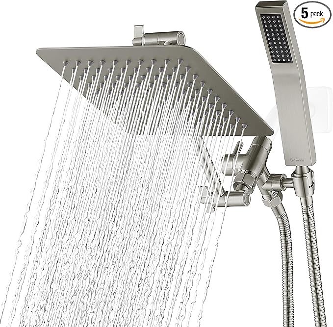 G-Promise All Metal 8 Inch Dual Square Shower Head with Handheld Spray Combo, Rain Shower Head, Adjustable Extension Arm, 3-Way Diverter, 71 Inch Extra Long Hose - A Bathroom Upgrade (Brushed Nickel)