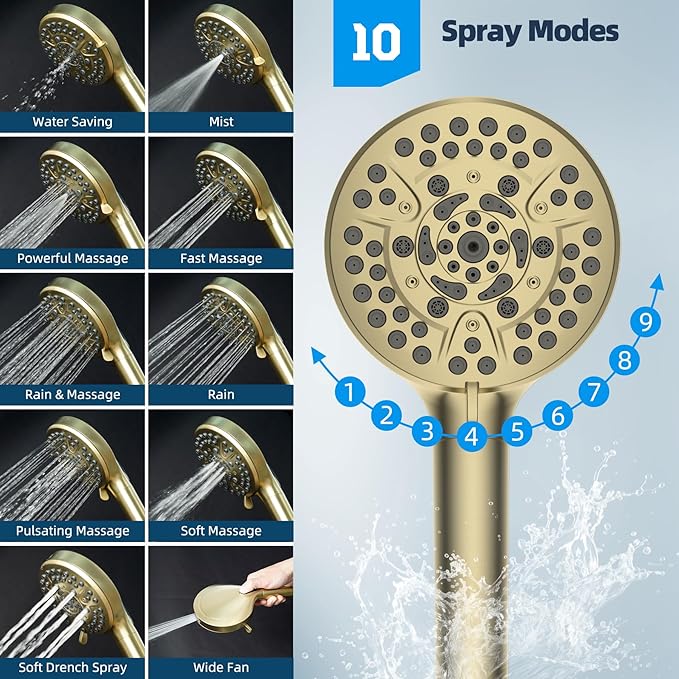 Hibbent All Metal Shower Head, 10'' High Pressure Rainfall Shower Head/Handheld Showerhead Combo with 12'' Adjustable Curved Shower Extension Arm, 10-Spray, 71'' Hose, Showerhead Holder, Brushed Gold