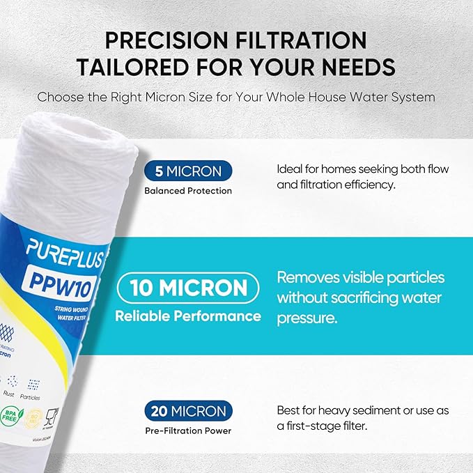 PUREPLUS 10 Micron 10"x2.5" Whole House String Wound Sediment Filter for Well Water, Replacement Cartridge for Universal 10 inch RO System, WP-5, Aqua-Pure AP110, CFS110, Culligan P5,WFPFC4002, 4Pack