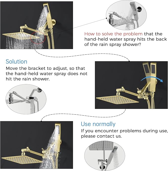 G-Promise All Metal 8 Inch Dual Square Shower Head with Handheld Spray Combo, Rain Shower Head, Adjustable Extension Arm, 3-Way Diverter, 71 Inch Extra Long Hose - A Bathroom Upgrade (Polished Brass)