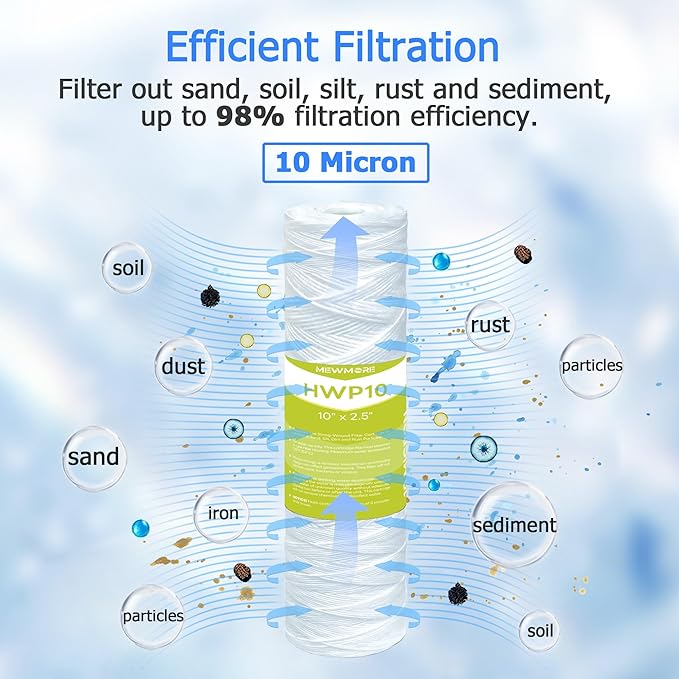10 Micron Whole House Water Filter Cartridge, String Wound Sediment Filters for Well Water, Universal Replacement for Any 10 inch RO Unit - 10" x 2.5" Cartridges - Pack of 6
