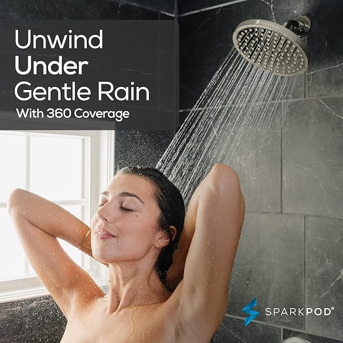 SparkPod Shower Head - High Pressure Rain - Premium Quality Luxury Design - 1-Min Install - Easy Clean Adjustable Replacement for Your Bathroom Shower Heads (Elegant Brushed Nickel, 8 Inch Round)