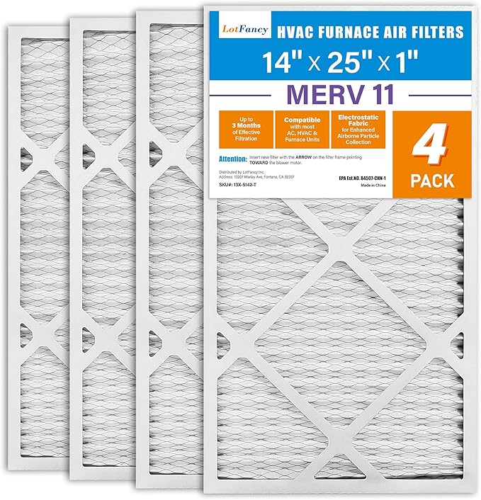 LotFancy 14x25x1 Air Filter MERV 11 Pet Smoke Allergens Defense (4-Pack) Pleated HVAC Furnace Air Filters, Replacement for Home AC & Heating Systems, Actual Size: 13.75" x 24.75" x 0.75"