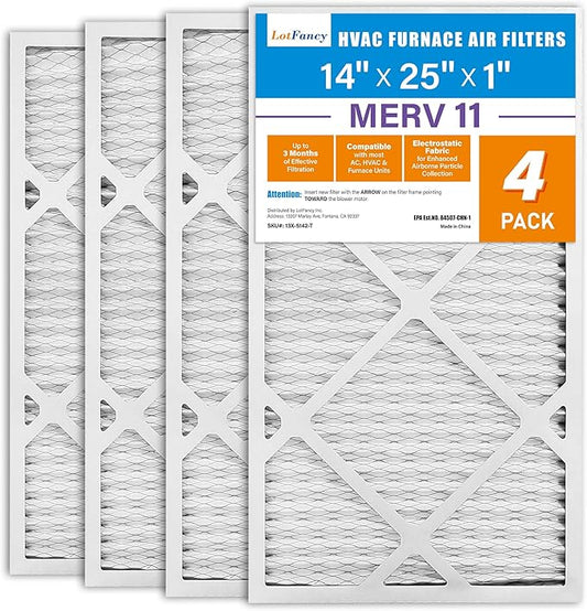 LotFancy 14x25x1 Air Filter MERV 11 Pet Smoke Allergens Defense (4-Pack) Pleated HVAC Furnace Air Filters, Replacement for Home AC & Heating Systems, Actual Size: 13.75" x 24.75" x 0.75"