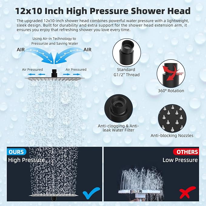 Hibbent All Metal 12'' Rainfall Shower Head, Dual Shower Head Combo, High Pressure Handheld Shower Wand, 16'' Adjustable Arc-shaped Shower Extension Arm, 71'' Hose, Showerhead Holder, Matte Black