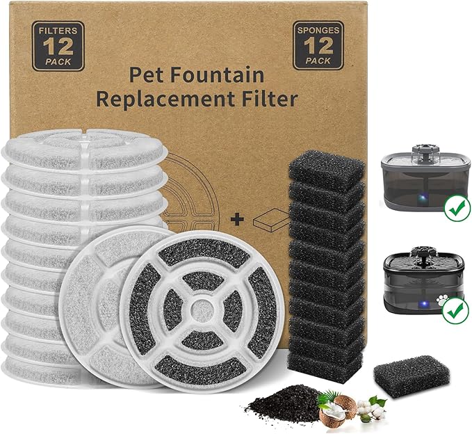 12 Pack 7" Activated Carbon Filters for SIBAYS 2.5Gal/9.5L Large Cat Water Fountain(FS68),18CM Larger Filter for Kastty 9L Large Dog Water Fountain,Food Grade,4 Layers Filtration,12 + 12 Pump Filters