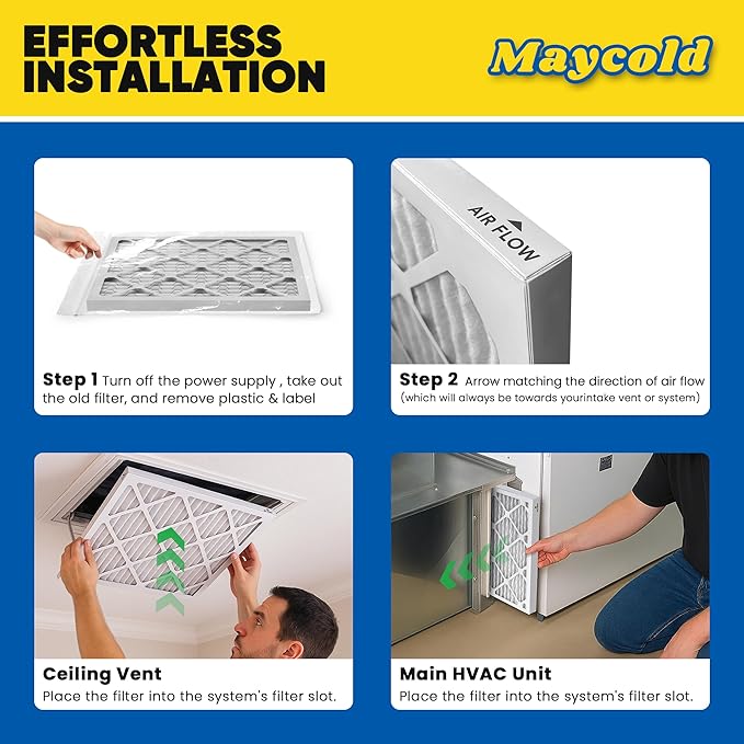 Maycold MERV 8 14x20x1 Furnace Air Filters (6-Pack), Pleated HVAC AC Filters – Actual Size 13.70” x 19.70” x 0.75”, For Residential or Office Use, Individually Wrapped in Plastic