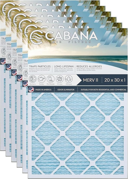 Cabana Filters 20x30x1 AC Furnace Air Filter, Merv 11 Capture Unwanted Particles, Pleated Furnace Filter HVAC AC Filters - Made in the USA - 6 Pack
