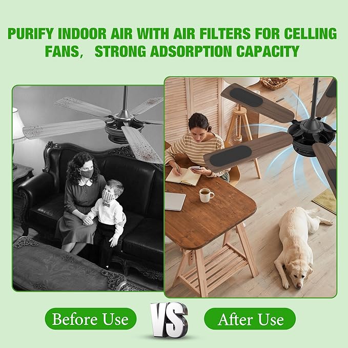 HOMAR 12 pack Ceiling Fan Filters for Blades Activated Coconut Shell Carbon Ceiling Fan Air Filters for Household Contaminants Easy-Stick & Universal Fit Fan Air Purifier Pads