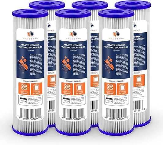Aquaboon 5 Micron 10x2.5 Whole House Pleated Sediment Filter Cartridge for Well Water Filter Replacement Compatible with WFPFC3002, WHKF-WHPL, 6-Pack