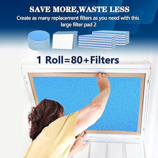 MERV 8 Air Vent Filters, 16" x 120"Cut to Fit Air Filter Material (80+ Filters),Electrostatic Triple Vent Filter for Floor, Ceiling, HVAC Furnace Vents, Includes 48 Adhesive Hook Tape