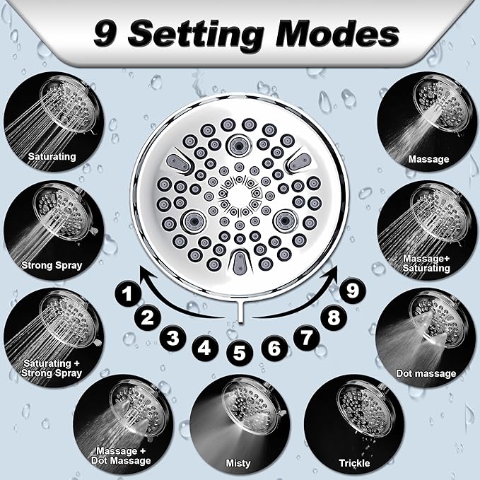 6" Filter Shower Head for Hard Water, 9 Setting Mode Shower Heads with Filters, Round Detachable Shower Head with Filter and Extra Replacement Filters, Chrome
