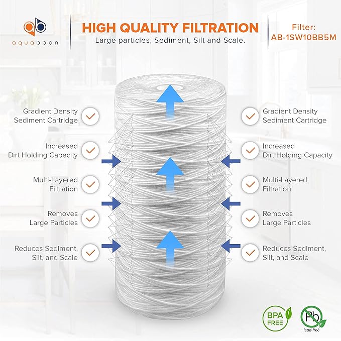 Aquaboon 5 Micron Water Filter 10 x 4.5 inch - String Wound Water Filter for Whole House System - Compatible with 84637, WPX5BB97P, PC10, 355214-45, 355215-45, WP10BB97P, WP5BB97P (2 Pack)