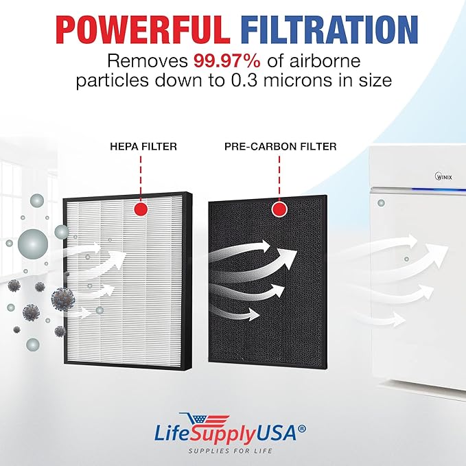 LifeSupplyUSA Complete Set (1 True HEPA Air Cleaner Filter + 1 Carbon Pre-Filter) Compatible with Winx Hr950 & Hr1000 Air Purifiers