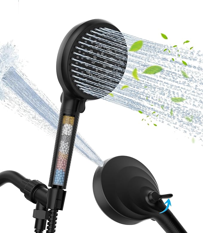 Filtered Shower Head with Handheld, 10 Spray Mode High Pressure Shower Head with Filters, Shower Filter Head for Hard Water, Powerful Spray for Cleaning, 2 Replaceable Filters Included, Black