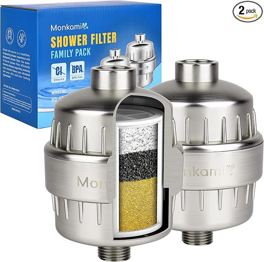 Heavy Duty Shower Filter - Monkami High Pressure Shower Head Filter For Hard Water, 99% Removal Chlorine, Fluoride & Heavy Metals - Brushed Nickel (2 QTY, HD-SF500)