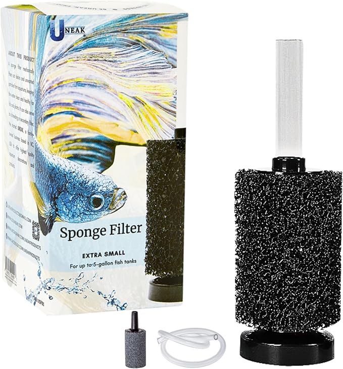 UNEAK Extra Small Aquarium Sponge Filter Fish Tank Silent Filteration Breeding Fry Betta Shrimp Nano Tank Accessories Air Stone 4-inch Airline Tubing up to 5 Gallon