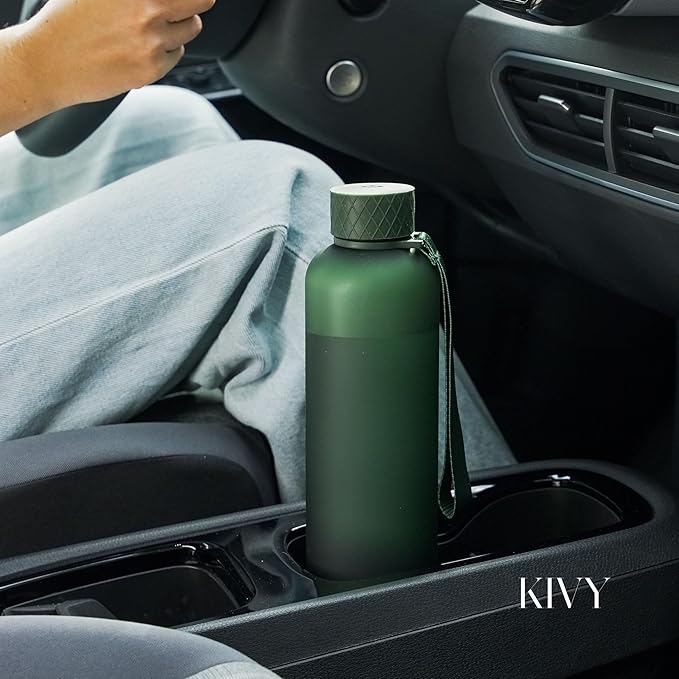 KIVY Slim Water Bottle 32oz [Lightweight & Shatterproof] Fits Backpack & Cupholder for Travel, Sports, School, Gym - Clear water bottle with measurements - Transparent Tritan Black - Dishwasher Safe