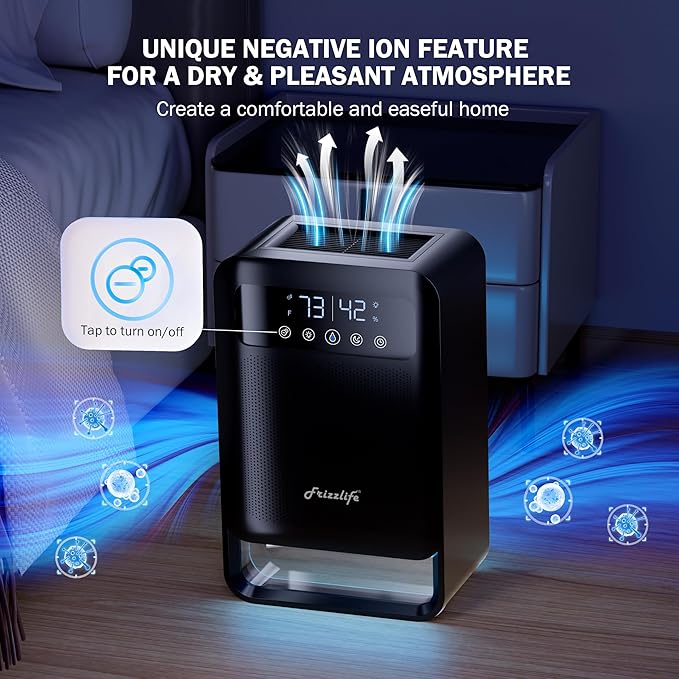 Frizzlife Air Dehumidifier, 135oz Water Tank W/Purifying Function, Quiet Small Dehumidifiers With Sleep Mode For Home, Bedroom, Bathroom, Basement W/Auto Shut Off, 7 Colors LED Light, Black