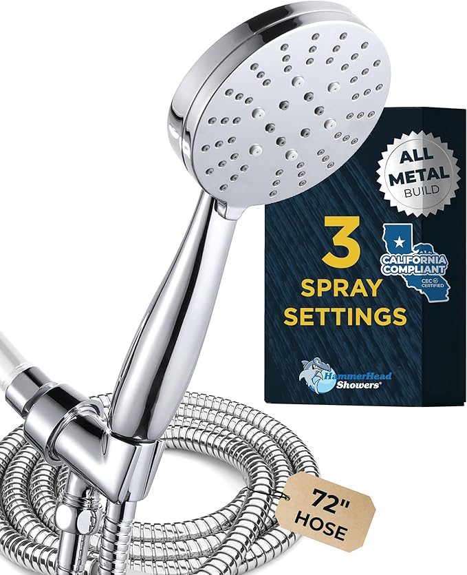 HammerHead Showers® Solid Metal 3-Spray Handheld Shower Head with Long Hose and Holder - CHROME - WIDE, MASSAGE, and MIST Sprays - 1.8 GPM Low Flow Handheld Showerhead - Water Saving Shower Head