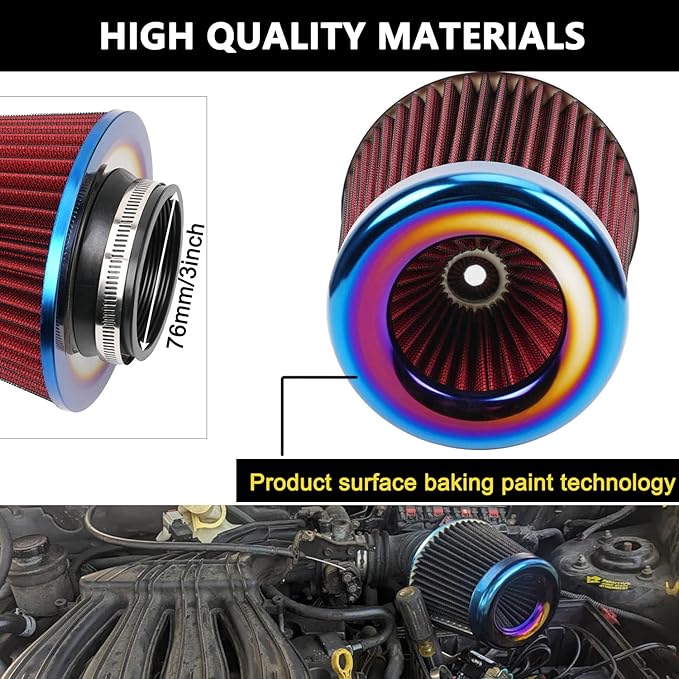 Cold Air Intake Filter, High Performance, Washable Filter, Clamp-On Replacement Air Filter, Flange Diameter 3inch/76mm Red