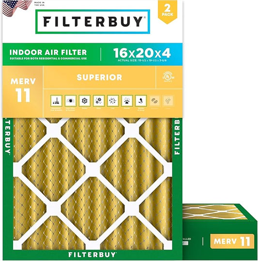 Filterbuy 16x20x4 Air Filter MERV 11 (MPR 1200) Allergen Defense Replacement (2-Pack), Electrostatic Pleated HVAC AC Furnace Filters, Made in USA (Actual Size: 15.50 x 19.50 x 3.63)