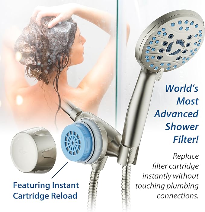 Skin & Hair by AquaCare - World's Most Advanced Shower Filter for Hand Showers with ON/OFF Filtration Modes,Instant Cartridge Reload,Built-in Bracket & Stay-Clean Enriched KDF Cartridge/Satin Nickel