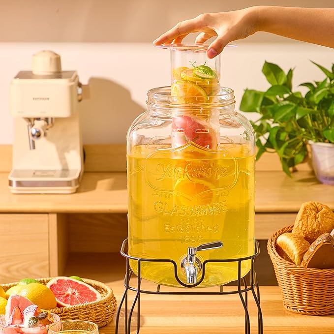 2 Gallon Glass Drink Dispensers for Parties, Beverage Dispenser with Stand, Fruit Infuser and Stainless Steel Spigot 100% Leakproof, Beverage Dispenser for Lemonade Sun Tea