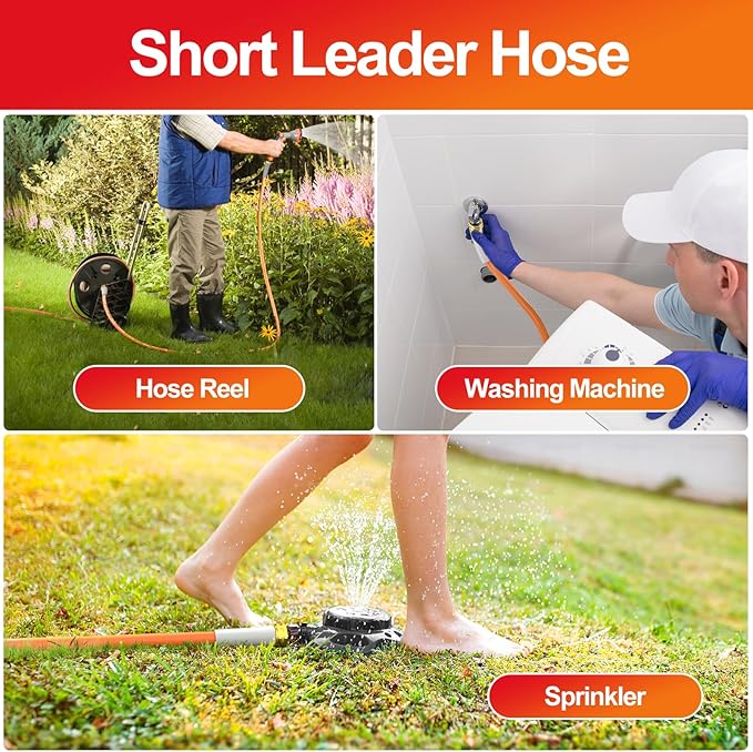 Garden Water Hose 10 ft x 5/8 in, Heavy Duty Leader Pipe Extension, Flexible, Lightweight Kink-less,Hybrid Rubber, with 3/4" Brass Fittings, Orange