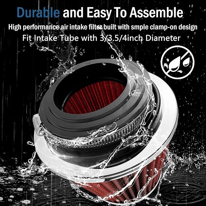 Universal Clamp-On Air Intake Filter, Fit Intake Tube with 3/3.5/4in Diameter, High Performance, Washable Filter, Replacement Air Filter, Flange Diameter 3inch/76mm (Red)