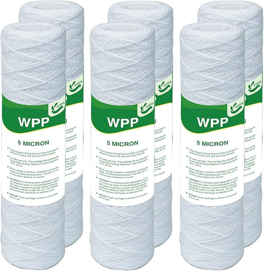 5 Micron String Wound Whole House Water Filter 10" x 2.5", 10-inch Universal Sediment Pre-Filters for Well Water, Replacement Cartridge for FXWSC, CW-F, CW-MF, 1SS, W5W, AO-WH-PRE-R2, 6-Pack